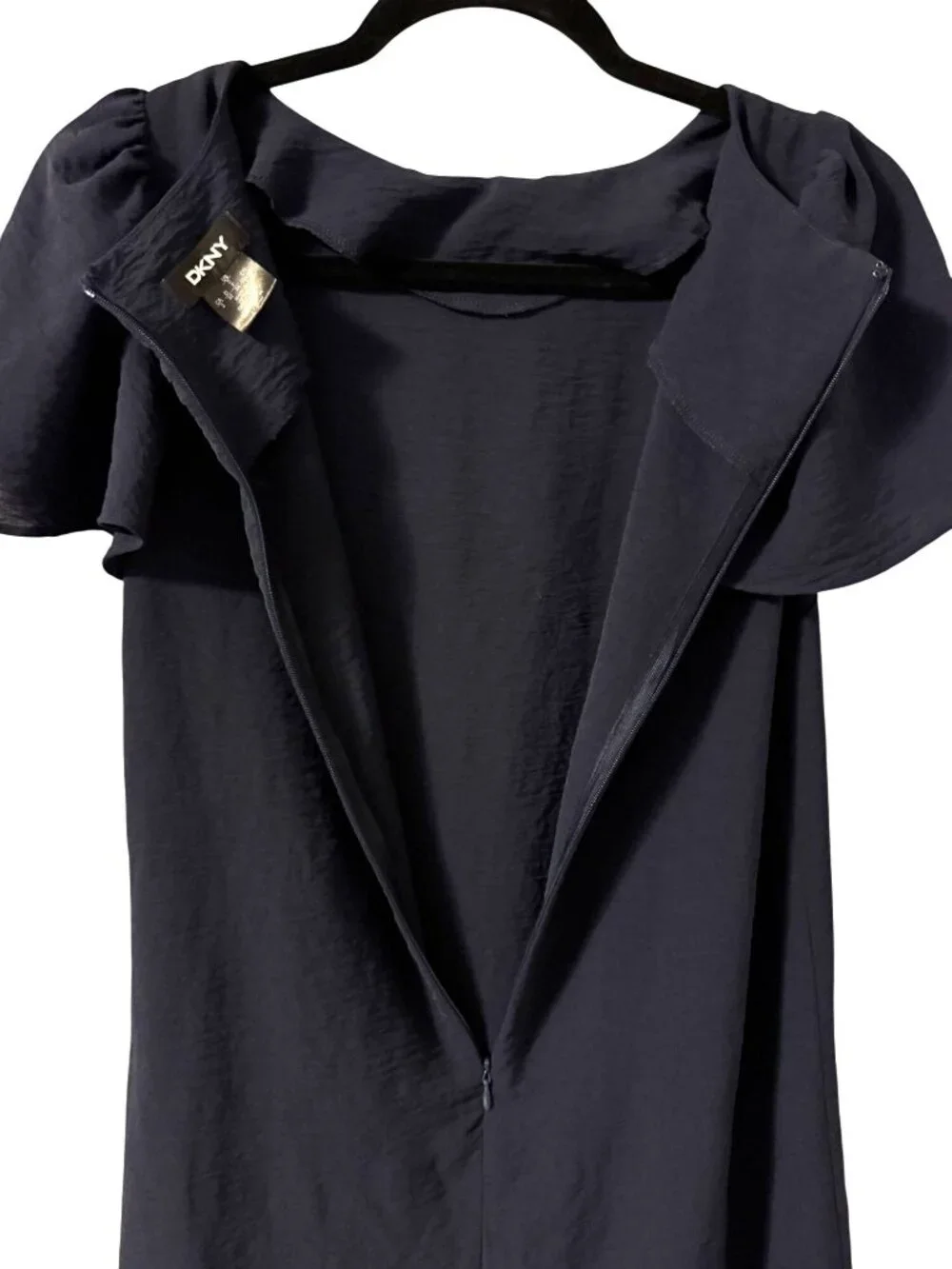 DKNY Elegant Dress Sz 2 Navy Blue Ruffle Hem Flutter Sleeve Classic Drop Waist